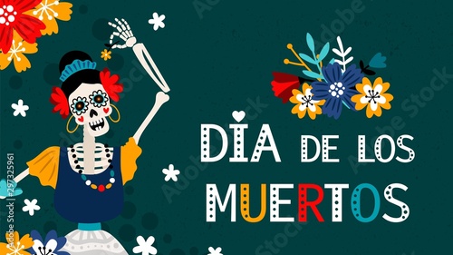 Dia de los muertos. Day of the dead in spanish, traditional mexicans festival color poster with female skeleton vector illustration