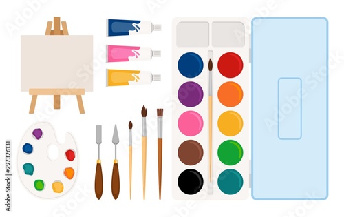 Painter art tools. Paint arts tool kit vector illustration. Vector watercolor painting, easel, palette, brushes