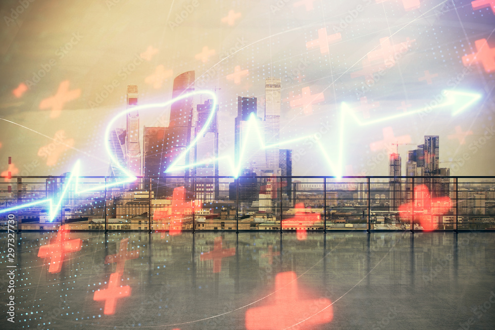 Heart hologram with city view from roof top background. Double exposure. Education concept.