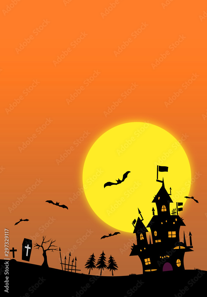 Halloween background material. Castle, bats and grave. ハロウィンの背景素材.  城、コウモリ、墓。