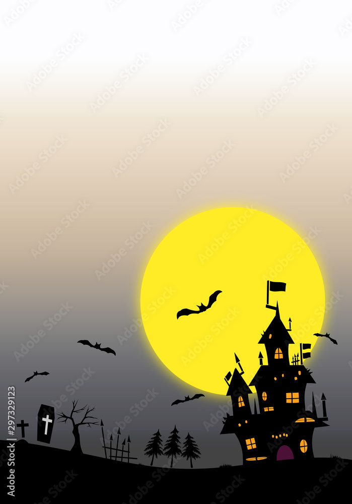 Halloween background material. Castle, bats and grave. ハロウィンの背景素材. 城、コウモリ、墓。