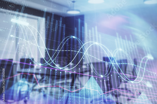 Double exposure of forex chart on conference room background. Concept of stock market analysis