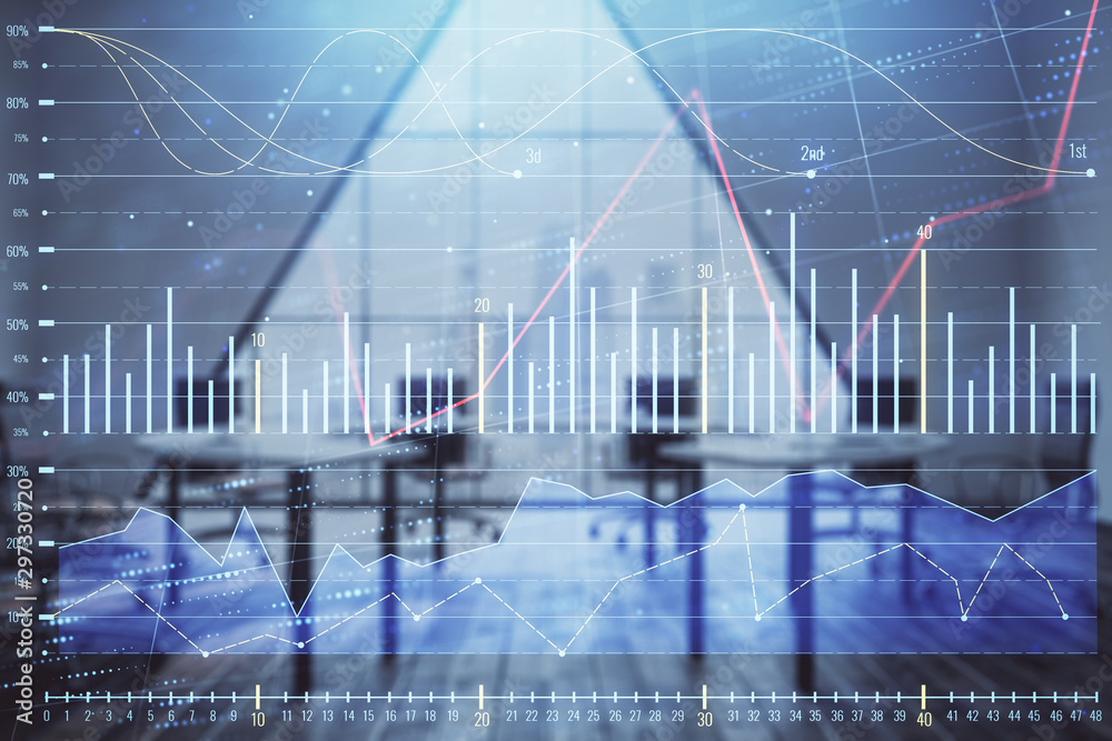 Double exposure of forex chart on conference room background. Concept of stock market analysis Double exposure of forex chart on conference room background. Concept of stock market analysis