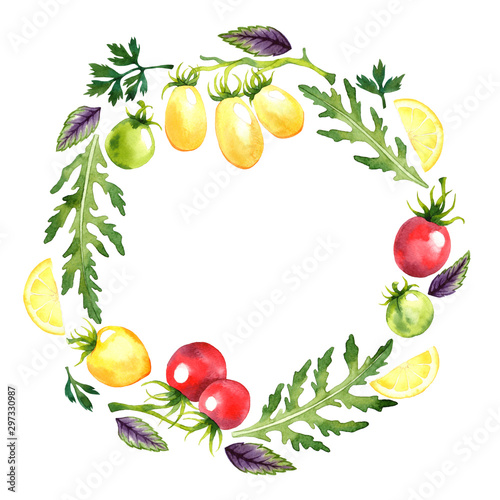 Fototapeta Naklejka Na Ścianę i Meble -  Watercolor wreath with tomatoes, arugula, basil, parsley and lemon