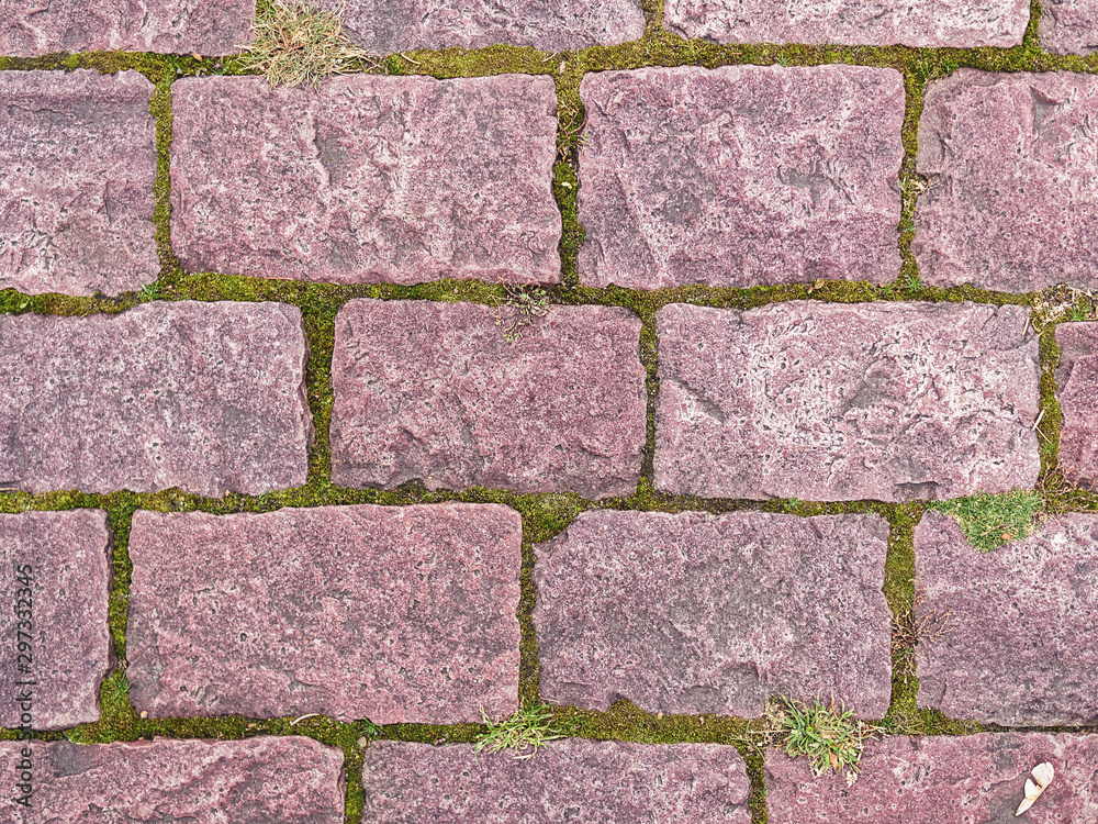 Fototapeta premium A stone paved bridge. Between relief bricks grass, earth and moss are visible.