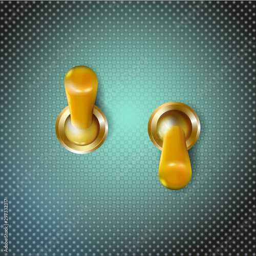 Set Realistic 3d golden toggle switches. On and off. Gilded or brass switcher design. Vector illustration