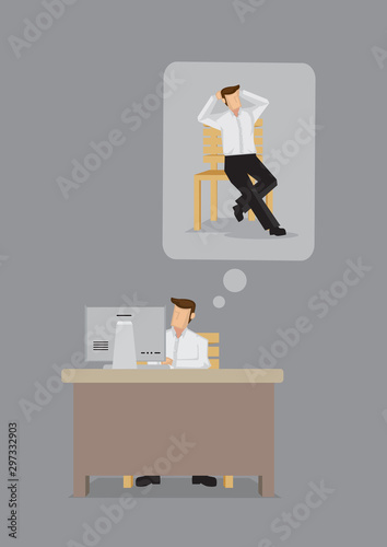Tired corporate employee thinking and dreaming to relax at home while working at his desk in his office. Concept of overloaded at work. Vector isolated cartoon illustration.