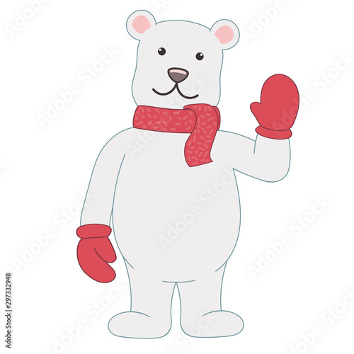 polar bear in a scarf and mittens waving. Christmas illustration