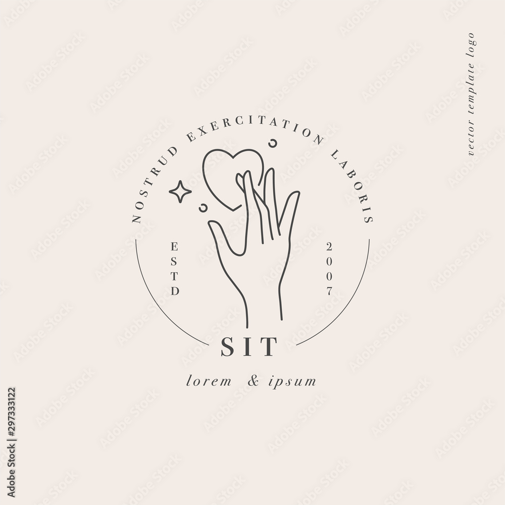 Vector design linear template logo or emblem - hand touching heart sign. Abstract symbol for cosmetics and packaging or beauty products. Vector design linear template logo or emblem - hand touching heart sign. Abstract symbol for cosmetics and packaging or beauty products.