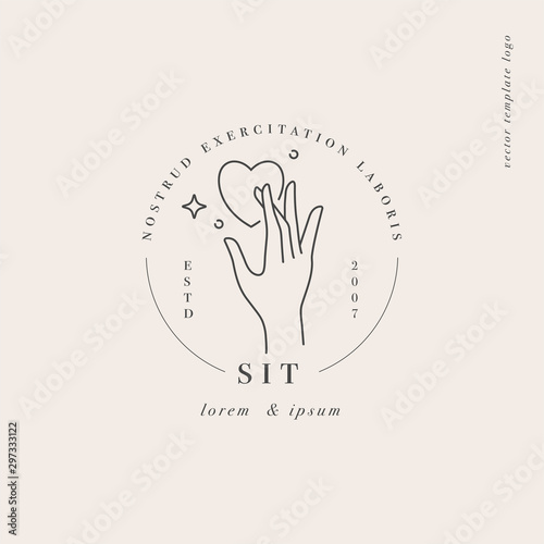 Vector design linear template logo or emblem - hand touching heart sign. Abstract symbol for cosmetics and packaging or beauty products.