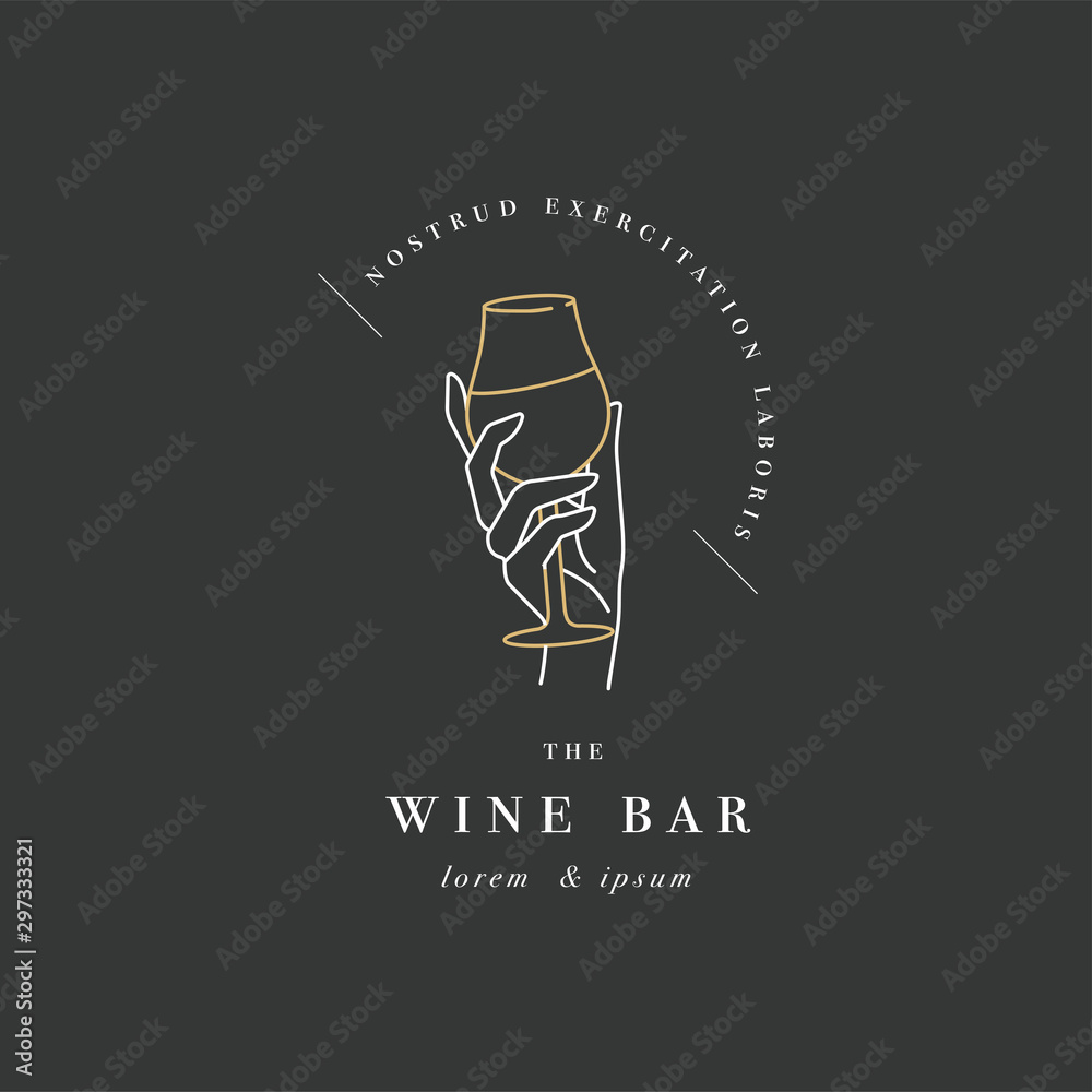 Vector design linear template logo or emblem - female hand holding glass of wine. Abstract symbol for wine bar or sommelier courses. Vector design linear template logo or emblem - female hand holding glass of wine. Abstract symbol for wine bar or sommelier courses.