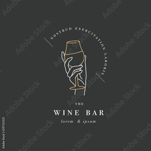 Vector design linear template logo or emblem - female hand holding glass of wine. Abstract symbol for wine bar or sommelier courses.