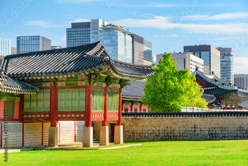 Scenic view of colorful building and courtyard, Gyeongbokgung