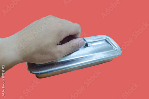 Men's hand, stainless steel tool tray handle