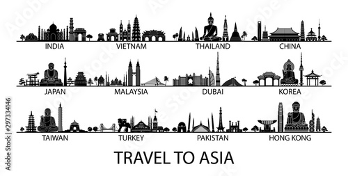famous landmark of country in Asia silhouette style with black and white classic color design include by country name