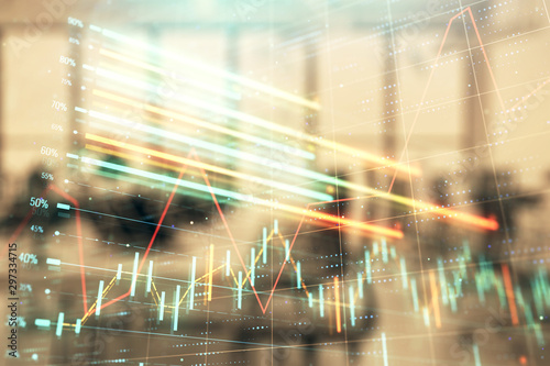 Stock and bond market graph with trading desk bank office interior on background. Multi exposure. Concept of financial analysis