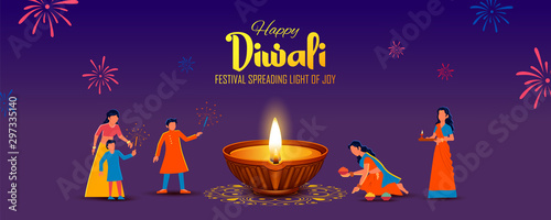 illustration of Indian people celebrating on Happy Diwali Hindu Holiday background for light festival of India