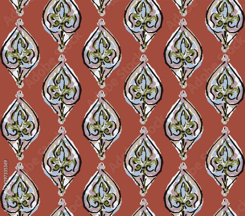  Hand Drawn Indiennne Paisley Motif Seamless Pattern. Ornate Arabesque Ornamental on White Background. Painted Ogee Bohemian Damask Textile. Packaging, Wallpaper All Over Print in Vector Eps 10 Tile.  photo