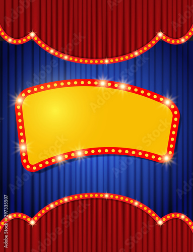 Background with retro banner on blue and red curtain. Design for presentation, concert, show