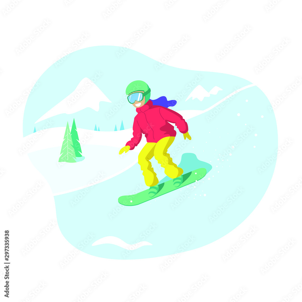 Girl on a snowboard rides in the mountains. Winter sport and relaxation. Vector illustration in flat style. Banner design.