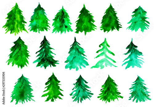 Fir tree silhouettes. Green christmas trees. Watercolor spruces isolated on white background.