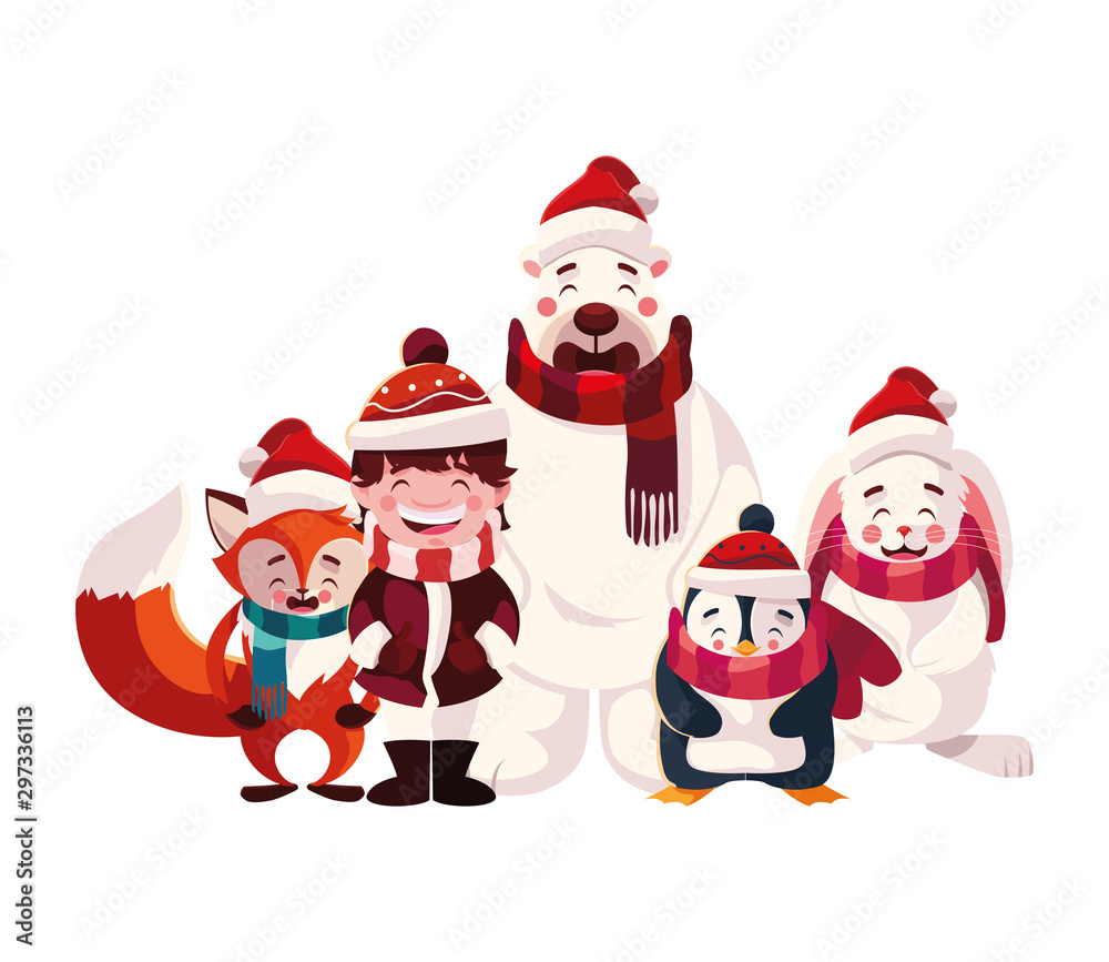 card of christmas with boy and animals in white background card of christmas with boy and animals in white background