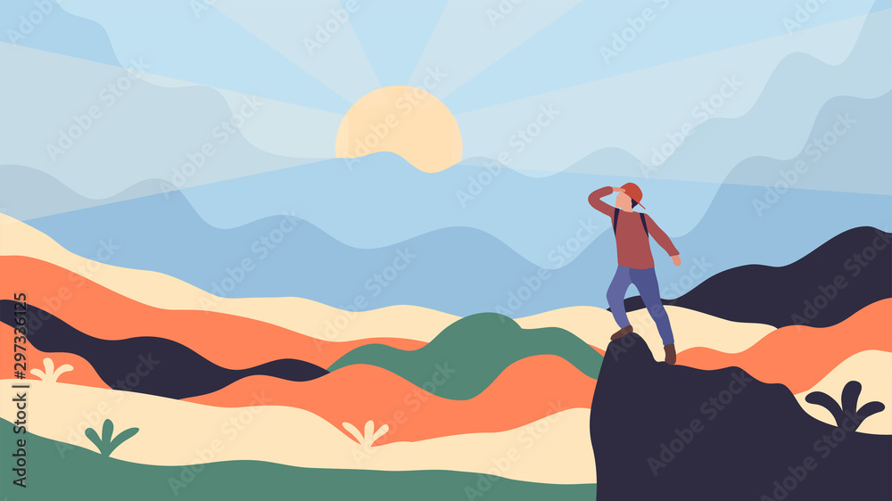 Fototapeta Vector illustration. A man with a backpack stands on top of a rock and looks at the mountains. Flat design. Concept of discovery, exploration, hiking, adventure tourism and travel. Landscape view.