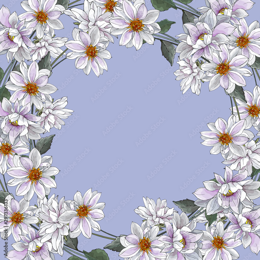Floral frame of white flowers on blue background. Dahlias and leaves. For your design, wedding stationary, fashion, invitation template, greeting card, saving the date card. Vector illustration.