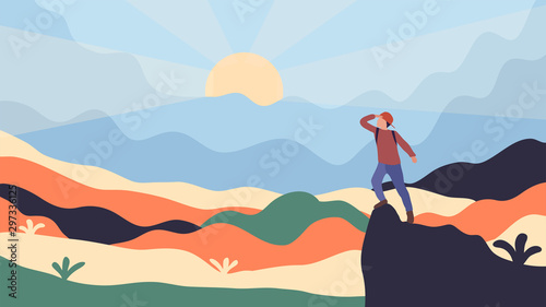 Vector illustration. A man with a backpack stands on top of a rock and looks at the mountains. Flat design. Concept of discovery, exploration, hiking, adventure tourism and travel. Landscape view.