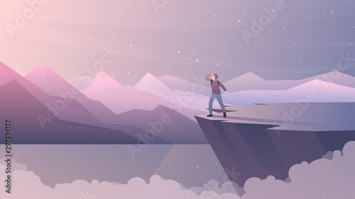 Vector illustration. A man with a backpack stands on top of a rock and looks at the mountains. Flat design. Concept of discovery, exploration, hiking, adventure tourism and travel. Landscape view.