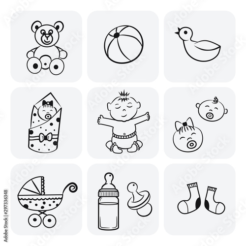 Set of vector hand drawn baby icons: clothes, toys, food