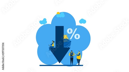 Website or landing page of percent presses down arrow, percent drop with Tiny People Character Concept Vector Illustration, Suitable For web landing page,Wallpaper, Background, Card, banner,