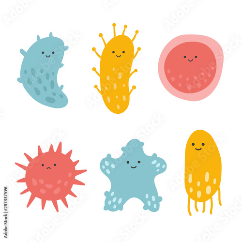 Cartoon kawaii character virus set. Vector illustration flu bacteria and microbe. Cute smile microbiology organism on white background. For design, concept, promotion and children book