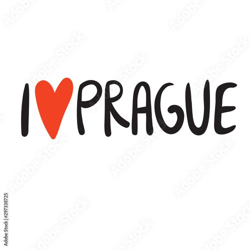 Love Prague hand written text with red heart on white background. For banners, posters and other touristic promotion. Logo for clothes and design