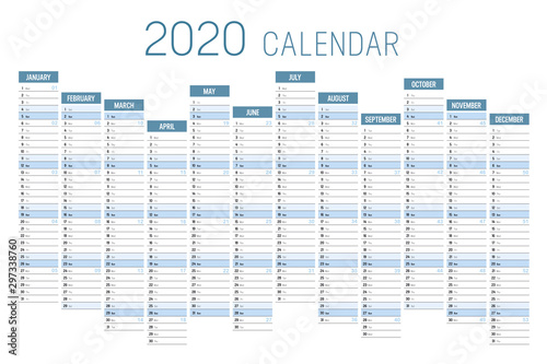 Year 2020 one page unaligned calendar