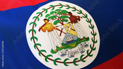 locked full-screen close shot of the national flag of Belize seamlessly waving in the wind. The banner emblem is made of realistic satin texture and rendered in a daylight situation. 