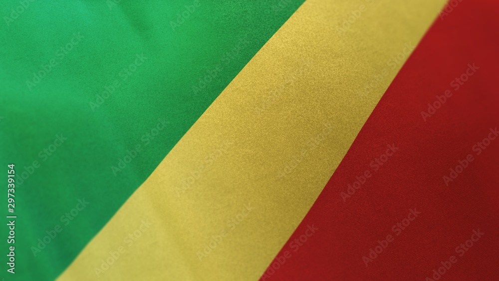 3D rendering of the national flag of Republic of the Congo waving in the wind. The banner/emblem is made of realistic satin texture and rendered in a daylight situation. 