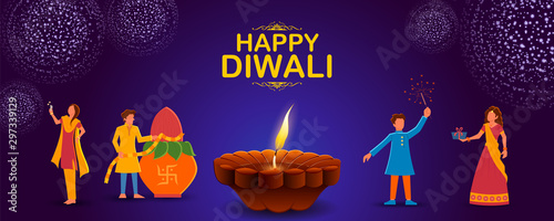 illustration of Indian people celebrating on Happy Diwali Hindu Holiday background for light festival of India