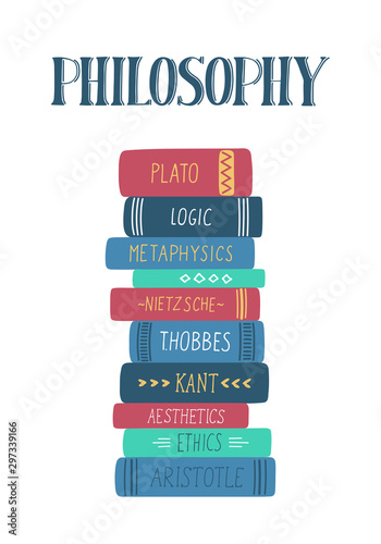 Philosophy books stack with hand drawn lettering on white background. 