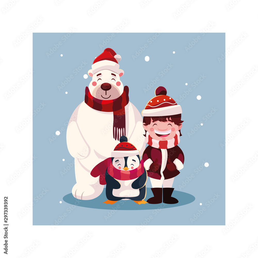 boy with penguin and polar bear in winter landscape boy with penguin and polar bear in winter landscape