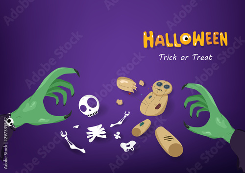 Halloween, trick or treat, hand of witch close up create skeleton and voodoo doll, greeting card, cartoon horror gothic style background vector illustration