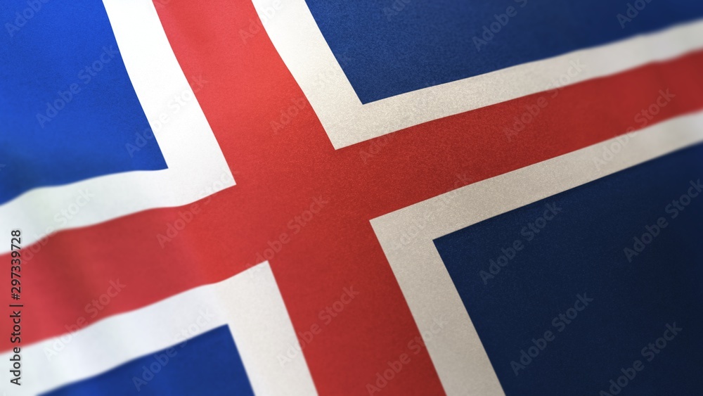3D rendering of the national flag of Iceland waving in the wind. The banner/emblem is made of realistic satin texture and rendered in a daylight situation. 