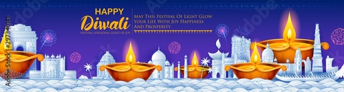 illustration of burning diya on happy Diwali Holiday background for light festival of India