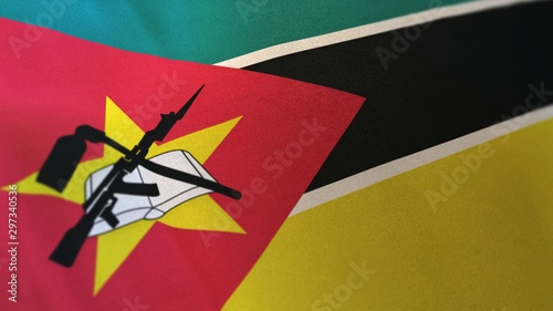 3D rendering of the national flag of Mozambique waving in the wind. The banner/emblem is made of realistic satin texture and rendered in a daylight situation. 