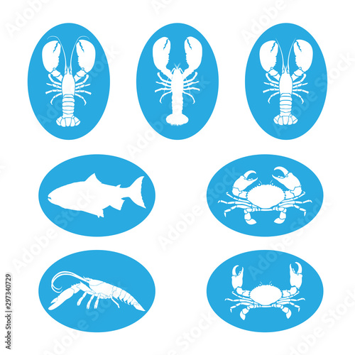 Set of the seafood flat icons on white background , lobster , fish and shrimp vector silhouettes