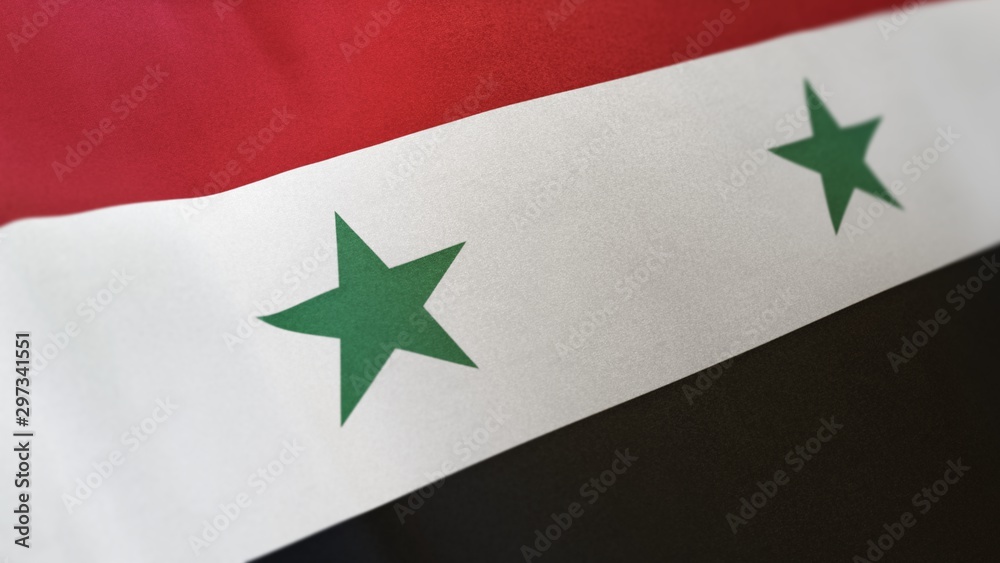 3D rendering of the national flag of Syria waving in the wind. The banner/emblem is made of realistic satin texture and rendered in a daylight situation. 3D rendering of the national flag of Syria waving in the wind. The banner/emblem is made of realistic satin texture and rendered in a daylight situation.