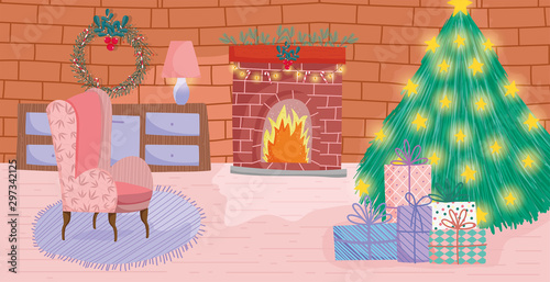 christmas tree to home lights stars chair burning chimney