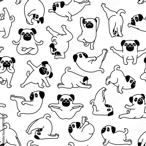 Cartoon Doodle Comic Outline Vector Seamless Pattern And Background  Of Zen Meditating Pug Pet Dogs In Yoga Pose and Asana, Namaste