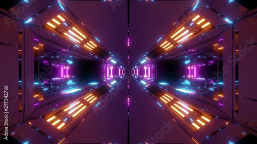 futuristic high reflective sci-fi space tunnel corridor 3d illustration wallpaper background glowing lights