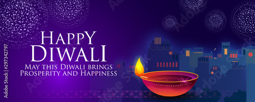illustration of burning diya on happy Diwali Holiday background for light festival of India